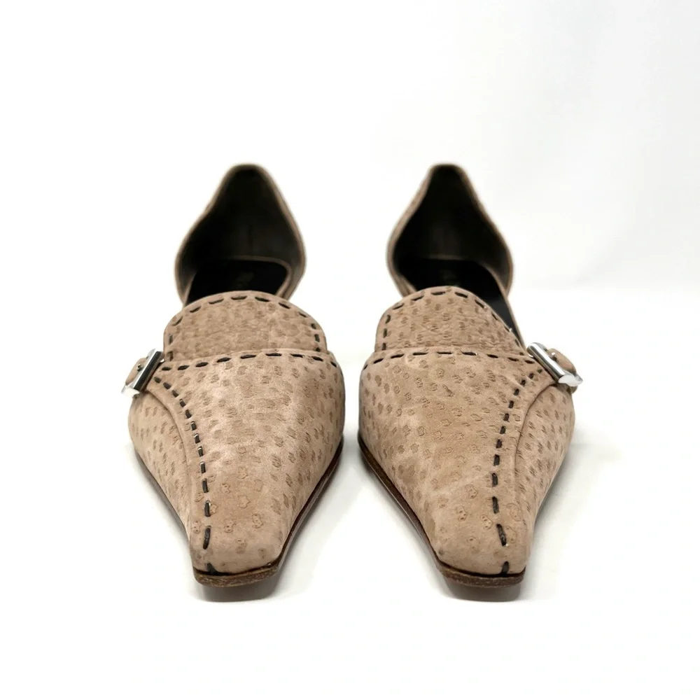 Vintage Prada 90s Y2K Tan Brown Beige Buckle Kitten Heels Pumps Shoes 37.5 7.5